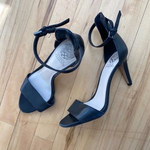 Black leather, Vince Camuto strappy, peep-toe stilettos. Size 8 1/2 US.